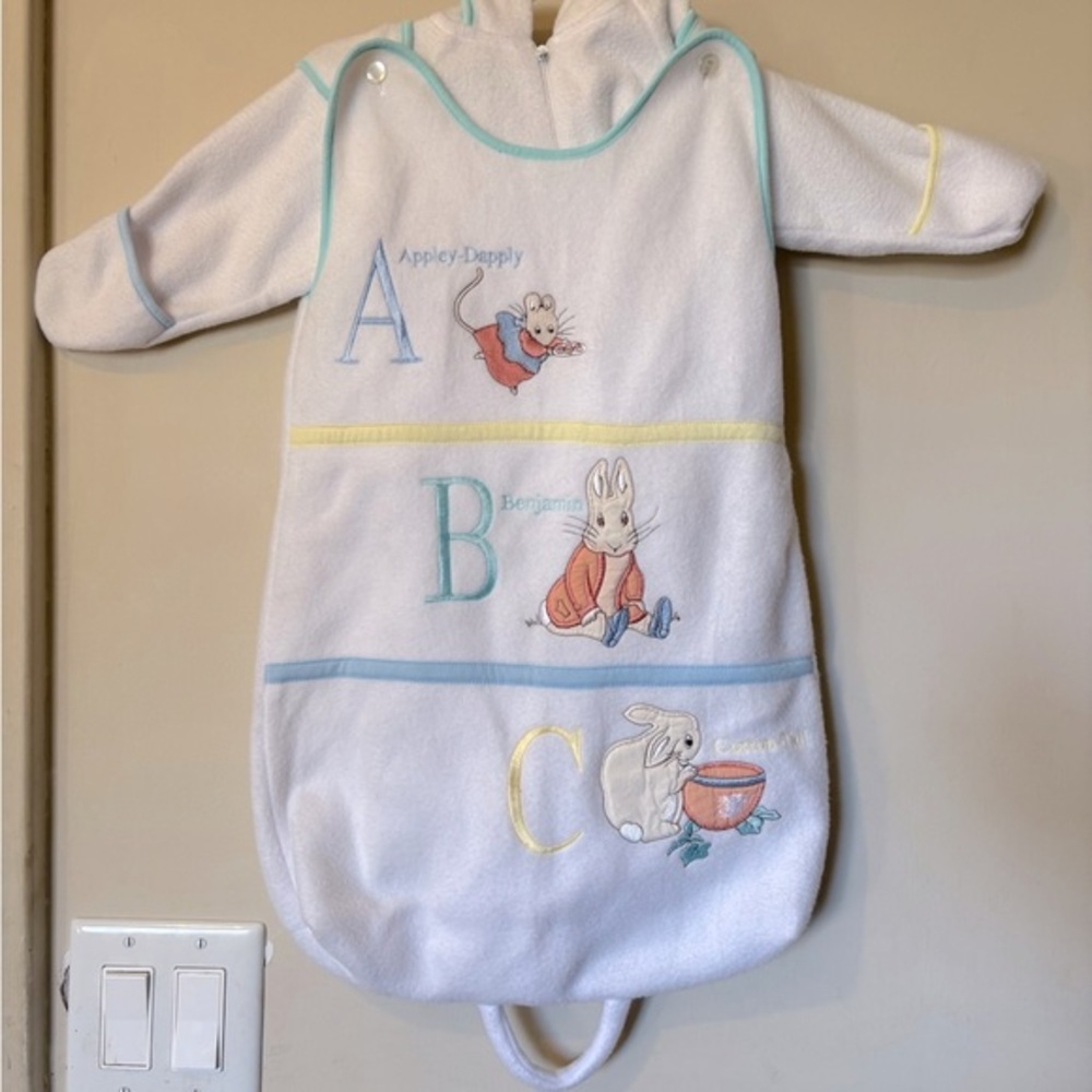 Vintage Beatrix Potter Baby Bunting | Quiltex Wearable Blanket | ABC Embroidery
